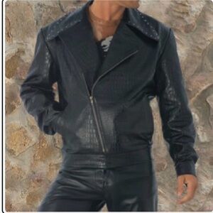 Jack Edward’s Black Croc-Embossed Leather Jacket with Studded Collar. Sz M